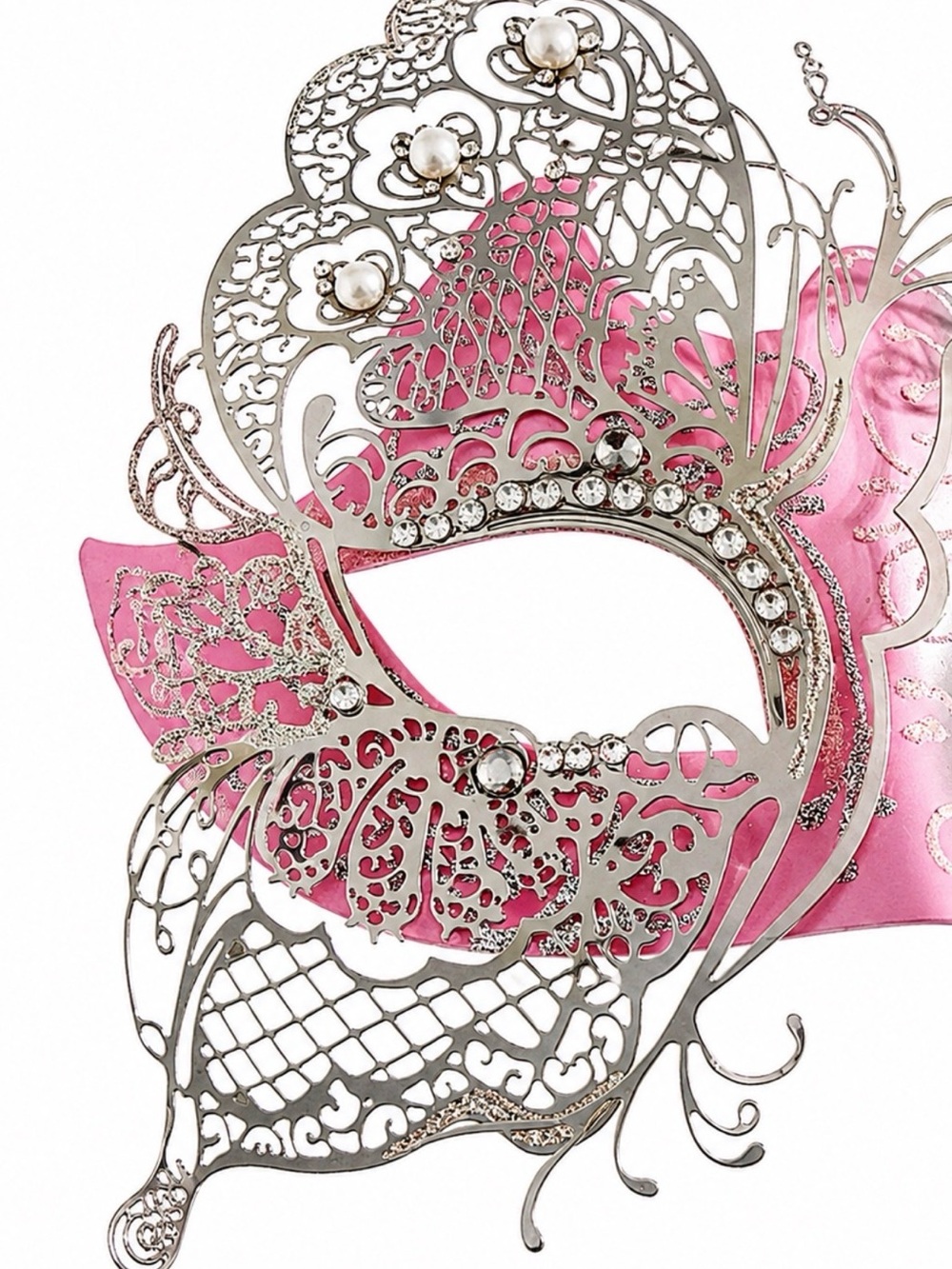 Pink Silver Venetian Masquerade Mask Butterfly Filigree Rhinestone Pearl - Picture 5 of 7